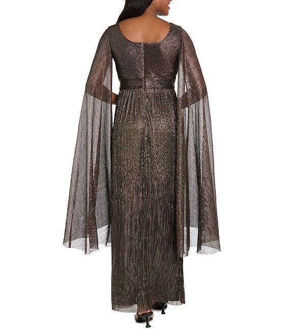 R & M Richards Crinkle Metallic Cape Sleeve Rhinestone Detail V-Neck Empire Waist Gown Product Image