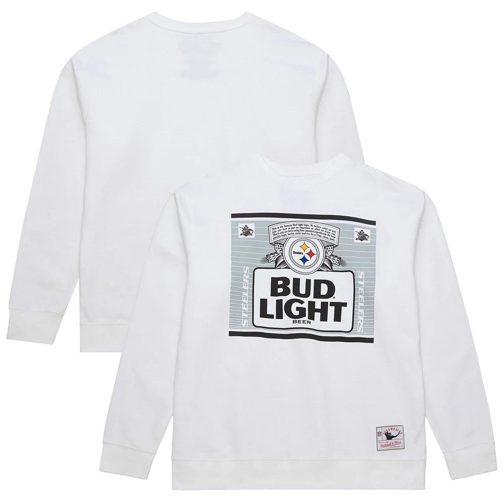 Men's Mitchell & Ness White Pittsburgh Steelers NFL x Bud Light The Crest Pullover Sweatshirt, Size: Large Product Image
