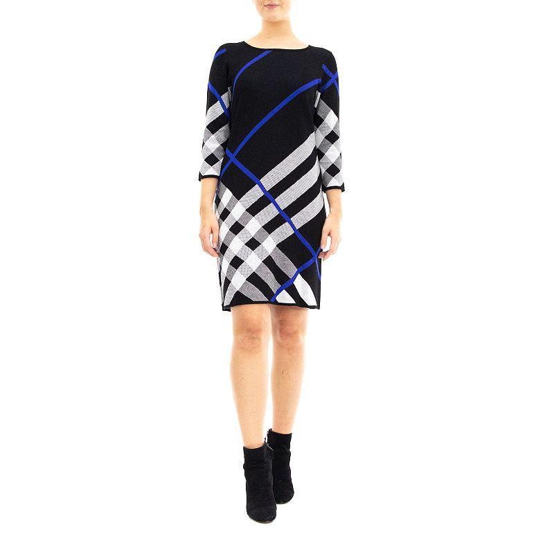 Women's Nina Leonard Oversize Plaid Sweater Dress, Size: XL, Black Deep Blue Wh Product Image