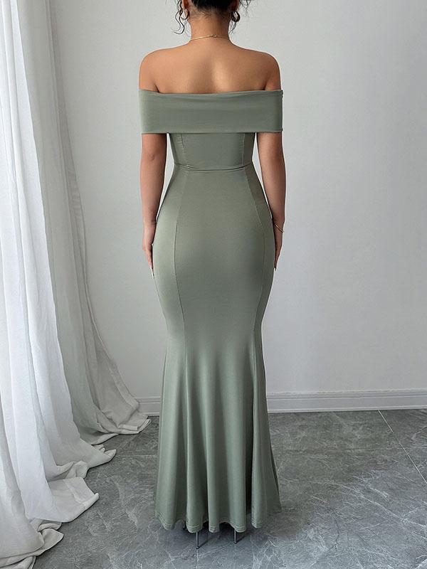 Bodycon High Waisted Solid Color Zipper Off-The-Shoulder Maxi Dresses Product Image