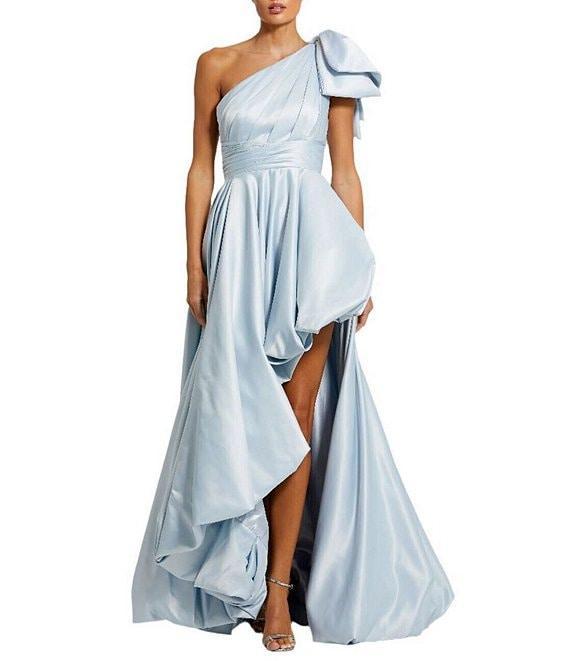 Mac Duggal Satin One Shoulder Neck Sleeveless Bow Detail High Slit Gown Product Image