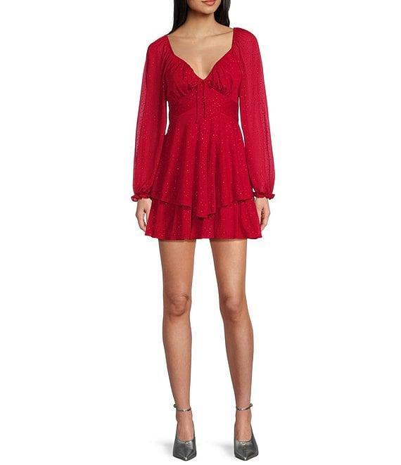 Midnight Doll Long Sleeve Glitter Dot Double Hem Fit & Flare Dress Product Image