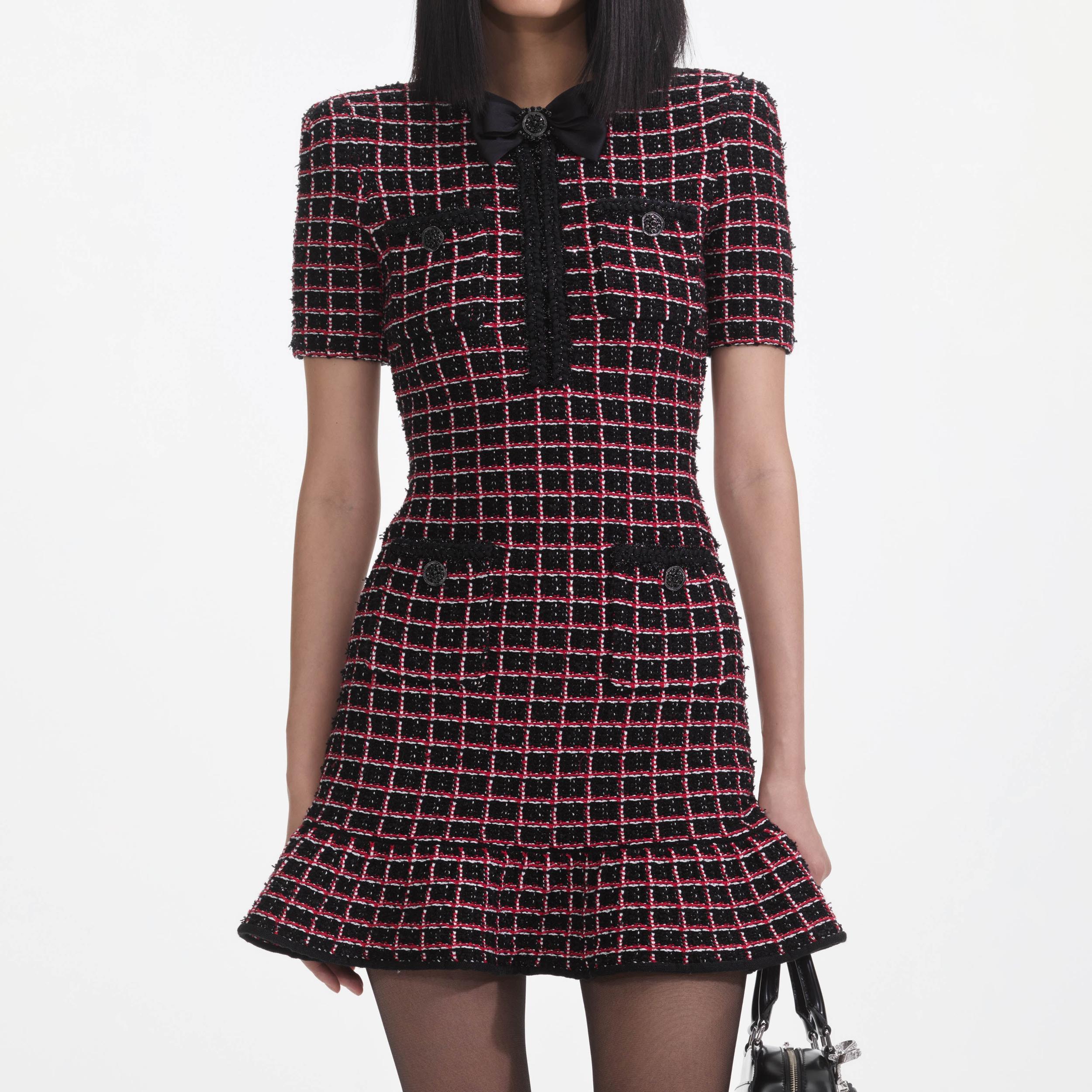 Black And Red Check Knit Mini Dress Product Image