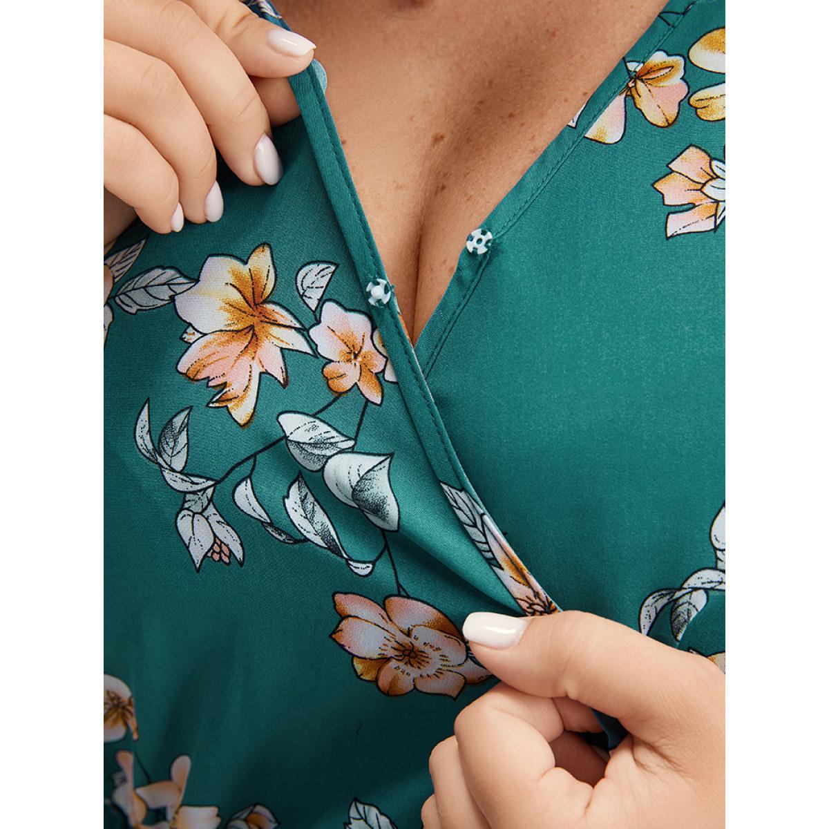 Plus Size Floral Lantern Sleeve High Low Hem Dress DarkBlue Women Elegant Elastic cuffs V-neck Long Sleeve Curvy Midi Dress BloomChic 10/M Product Image