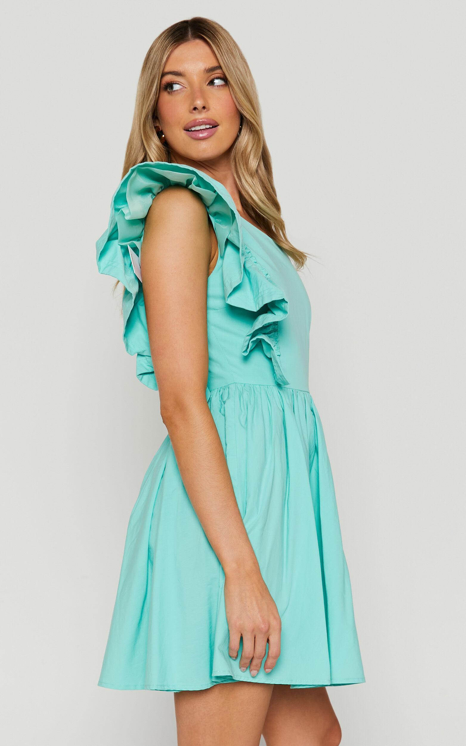 Brodie Mini Dress - One Shoulder Frill Dress in Green Product Image