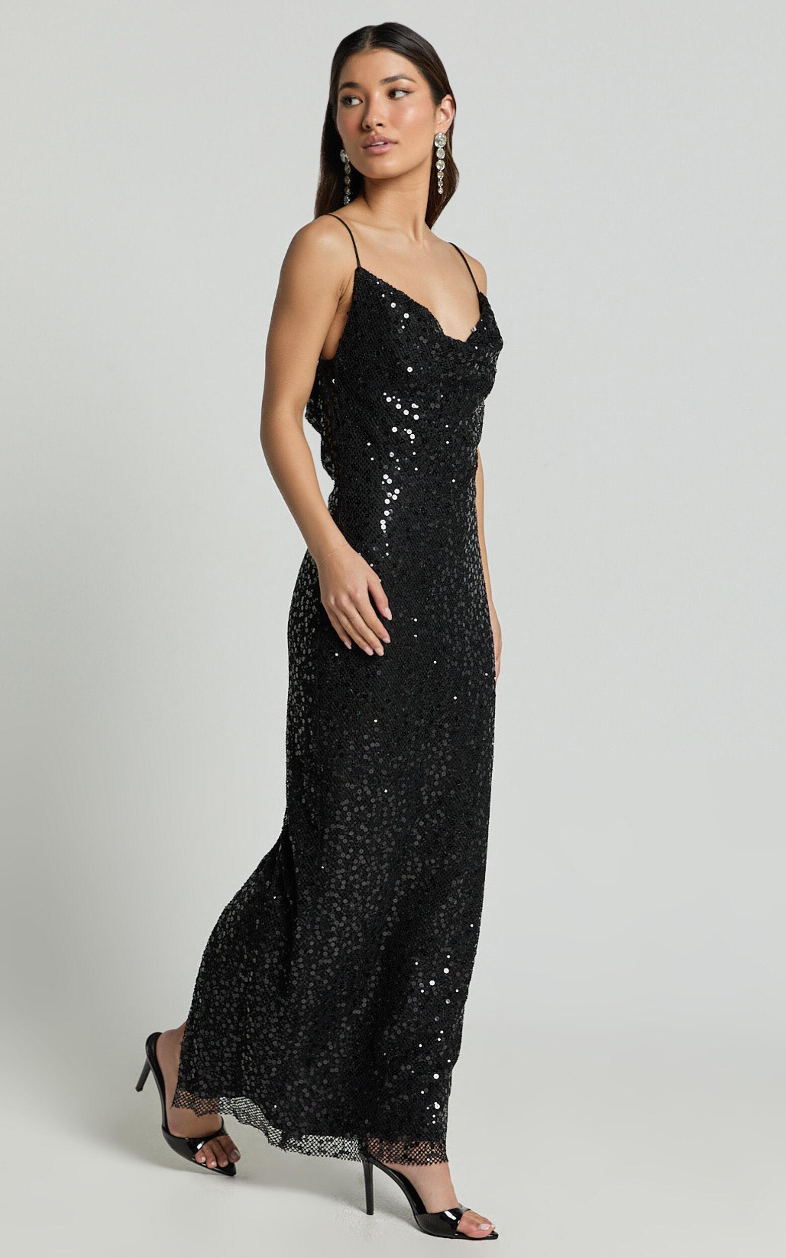 Sally Maxi Dress - Cowl Neck Backless Sequin Mesh Dress in Black Product Image