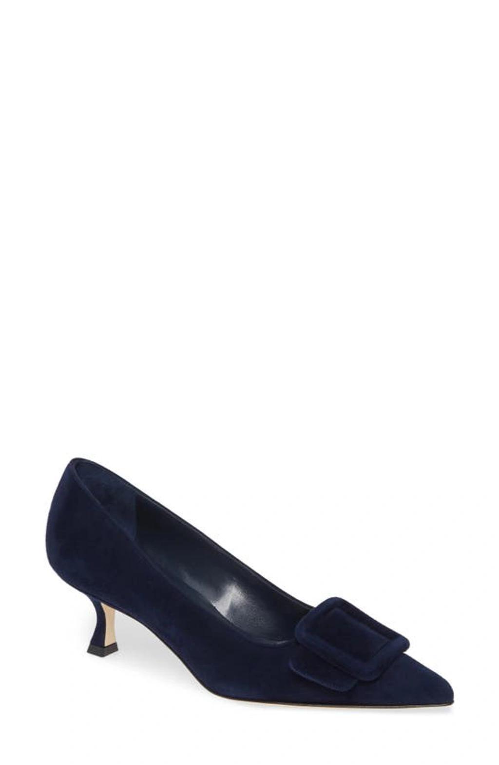 MANOLO BLAHNIK Maysale Buckle Pointed Toe Pump In Navy Product Image