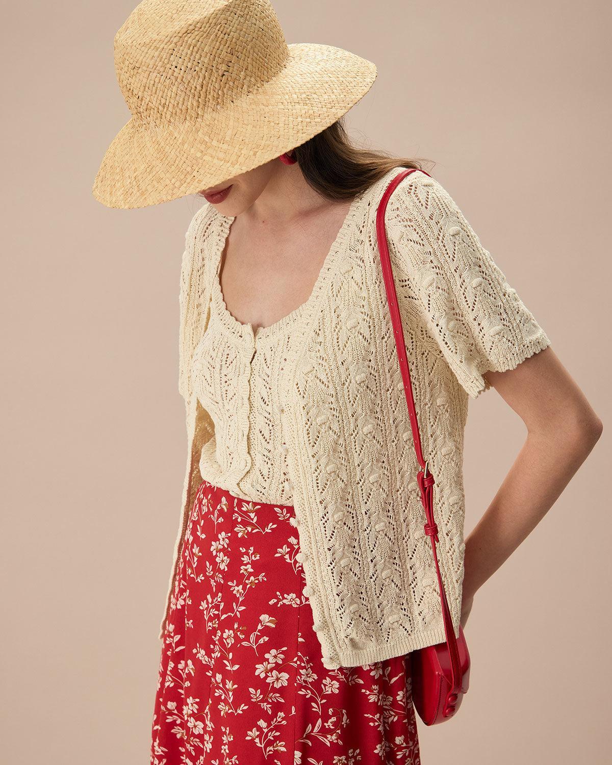 The Beige V Neck Pointelle Button Knit Cardigan Product Image