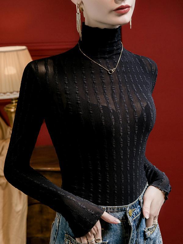 Long Sleeves Plus Size Jacquard See-Through Solid Color Split-Joint High Neck T-Shirts Tops Product Image