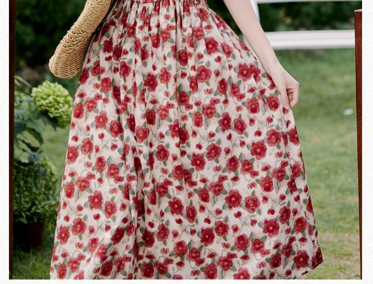 Short-Sleeve Square Neck Floral Print Midi A-Line Dress Product Image