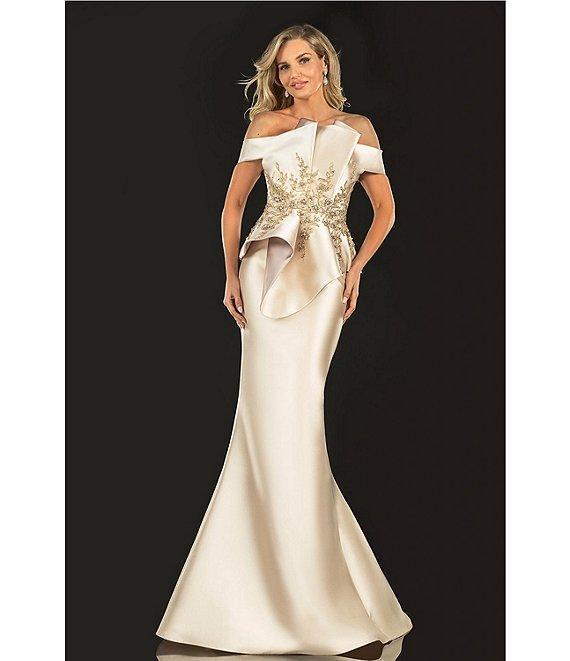 Terani Couture Off-the-Shoulder Pleated Floral Beaded Bodice Mermaid Gown Product Image