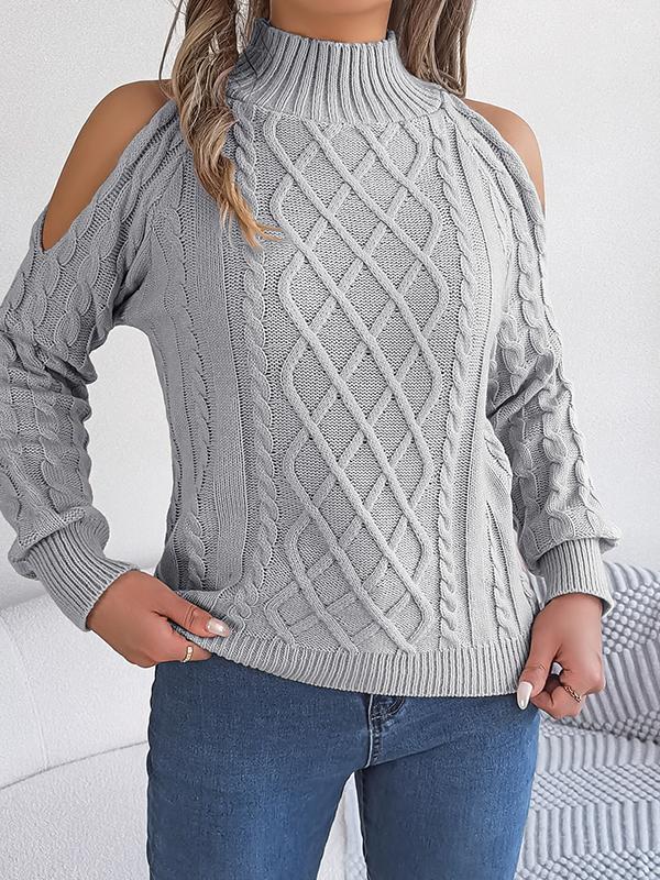 Long Sleeves Loose Hollow Solid Color Cold Shoulder Pullovers Sweater Tops Product Image