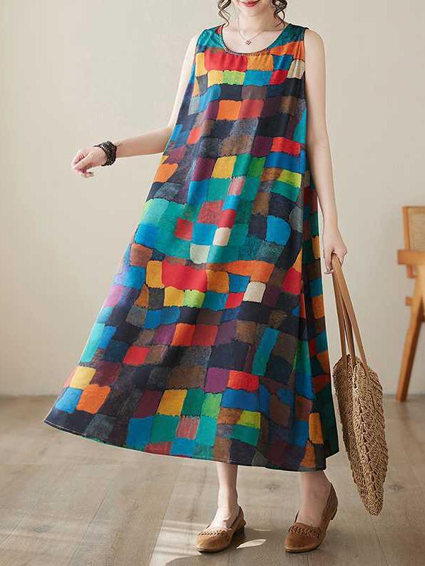 Loose Sleeveless Contrast Color Multi-Colored Plaid Round-Neck Midi Dresses Product Image