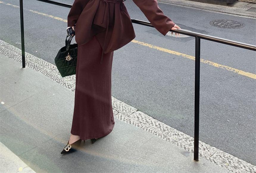 Long-Sleeve V-Neck Tie Waist Jacket / Long-Sleeve V-Neck Plain Maxi A-Line Dress Product Image