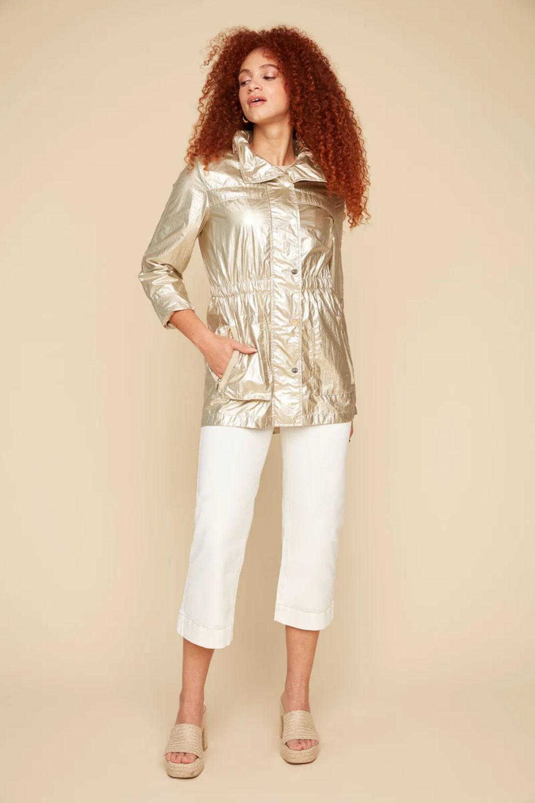 Crinkeled Metallic Long Sleeved Hooded Jacket Product Image