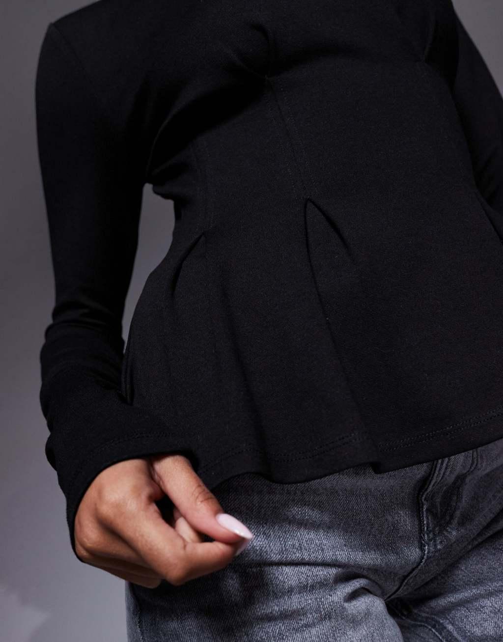 ASOS DESIGN ponte dart waist detail long sleeve top in black Product Image