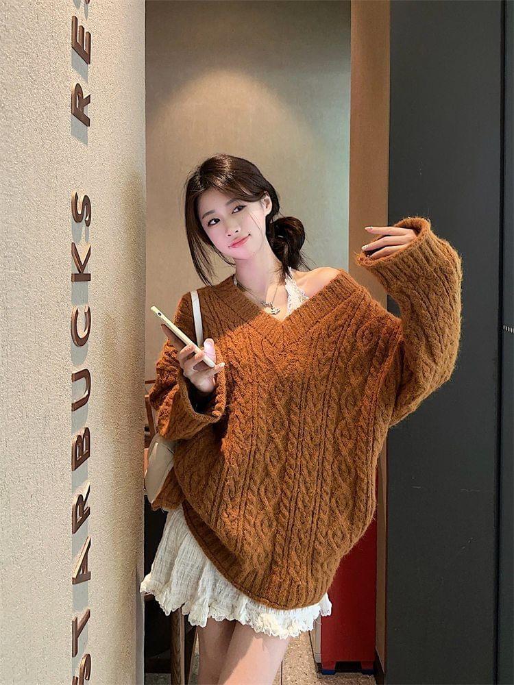 V-Neck Plain Cable Knit Oversized Sweater Product Image