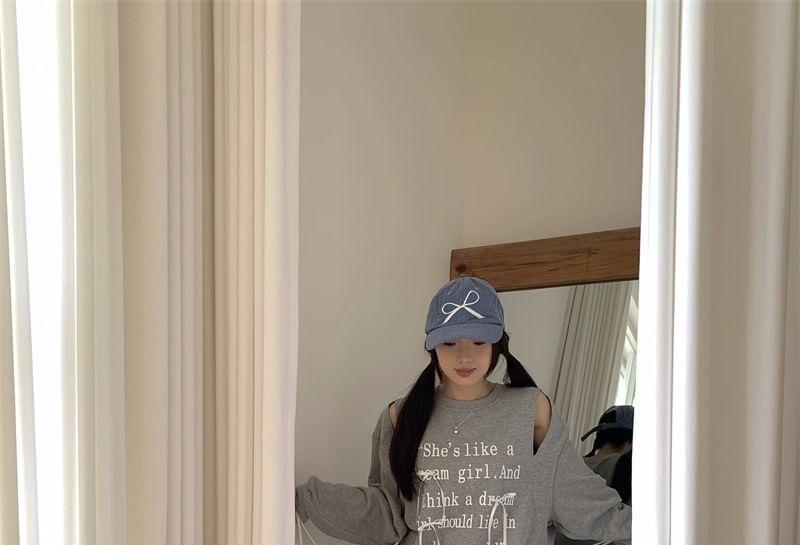 Round Neck Lettering Bow Cutout Sweatshirt Product Image