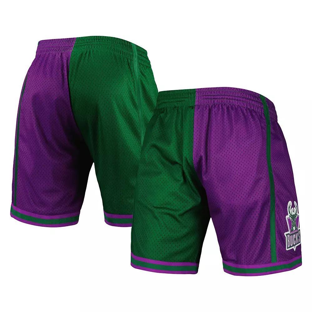 Men's Mitchell & Ness Green/Purple Milwaukee Bucks Hardwood Classics 1996 Split Swingman Shorts,  Product Image