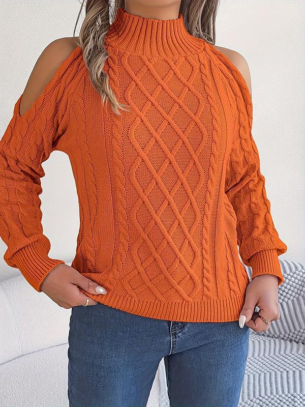 Long Sleeves Loose Hollow Solid Color Cold Shoulder Pullovers Sweater Tops Product Image