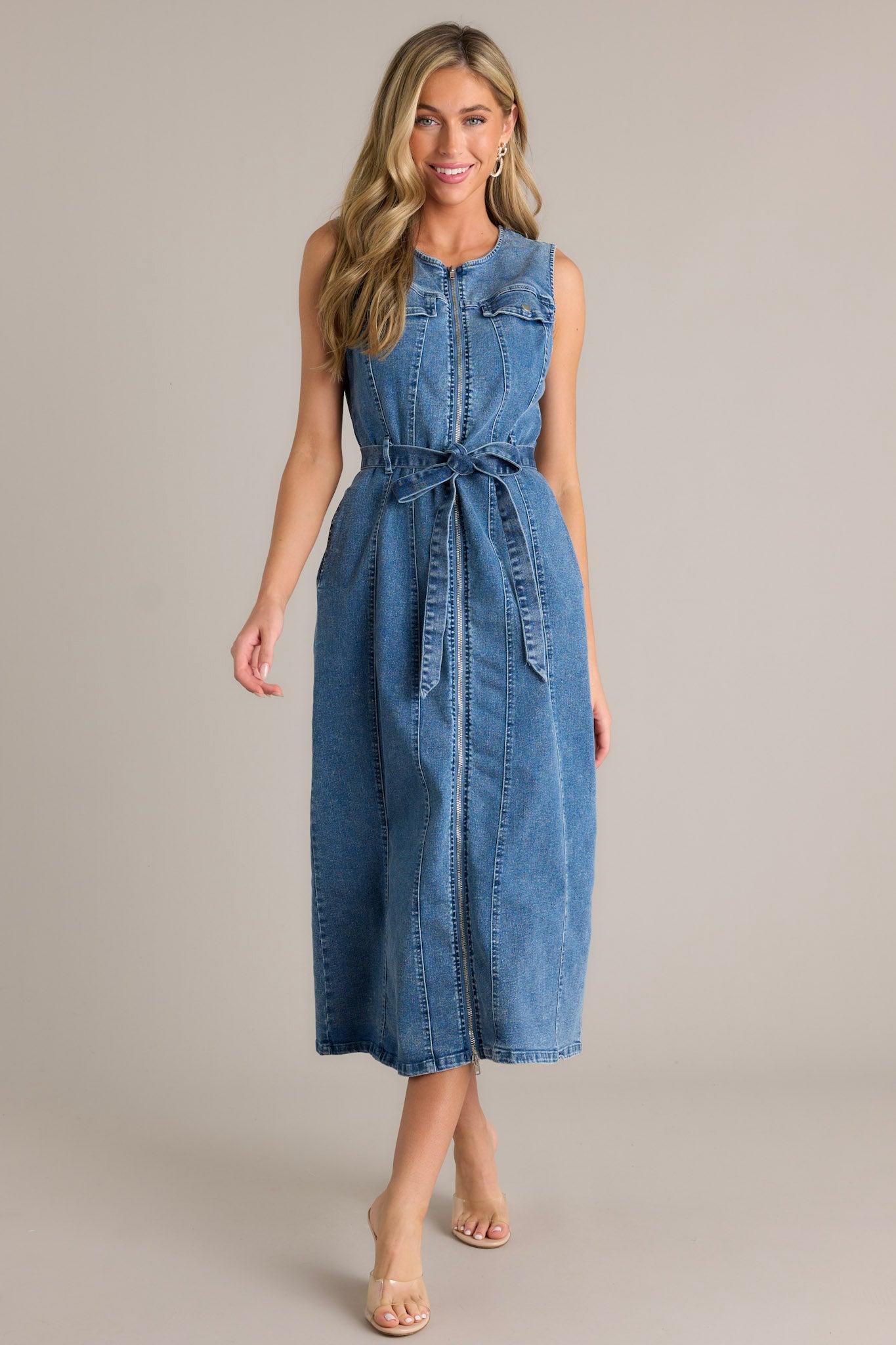 Simple Grace Denim Sleeveless Midi Dress Product Image