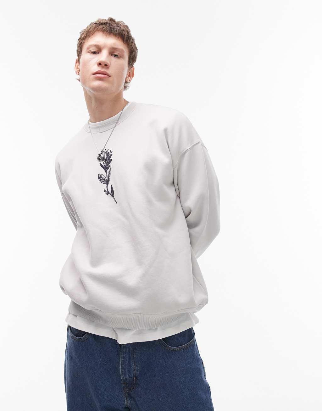 Topman oversized fit sweatshirt with front and back floral motif print in washed gray Product Image