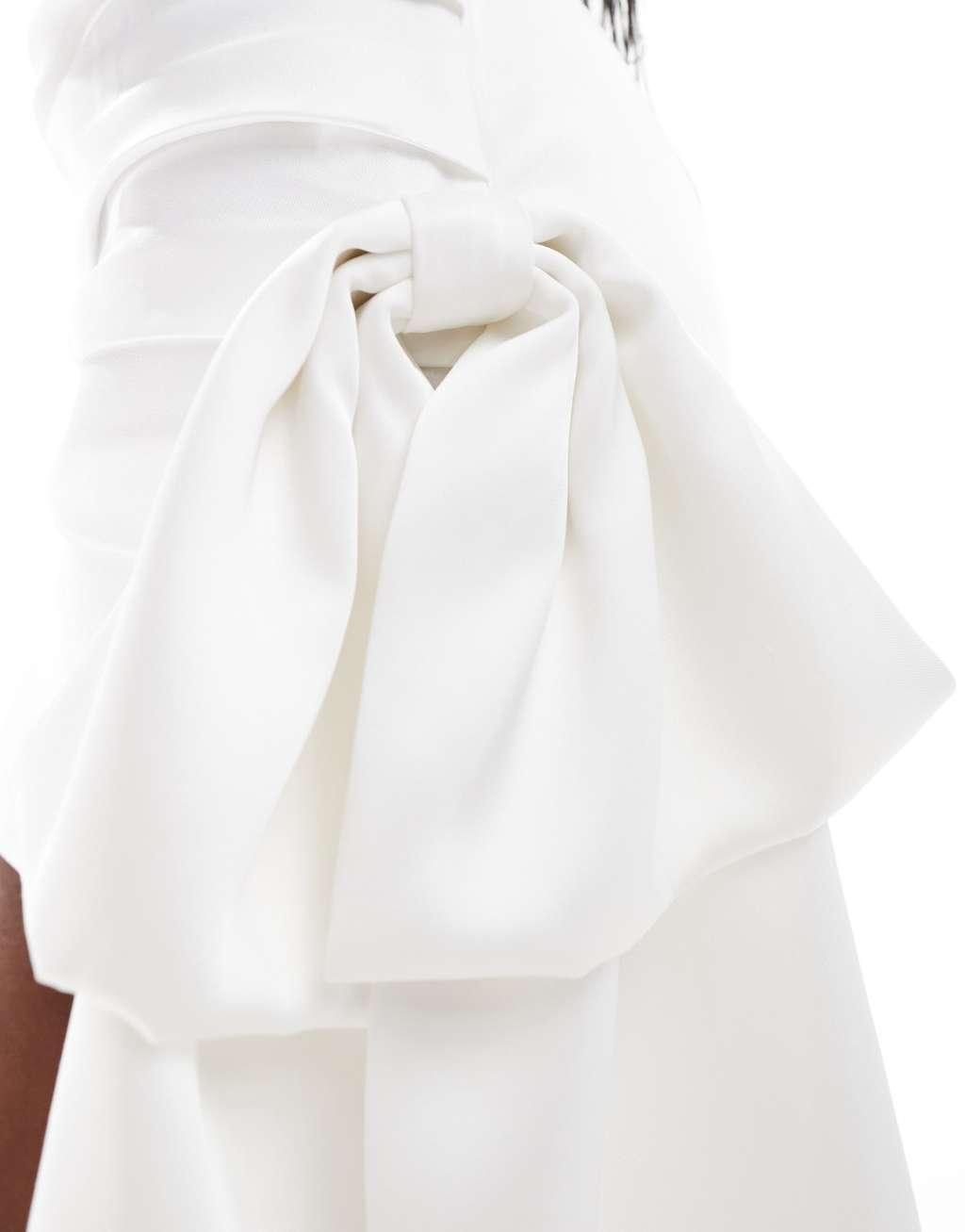 Six Stories Bridal satin bow drape mini skirt in white Product Image