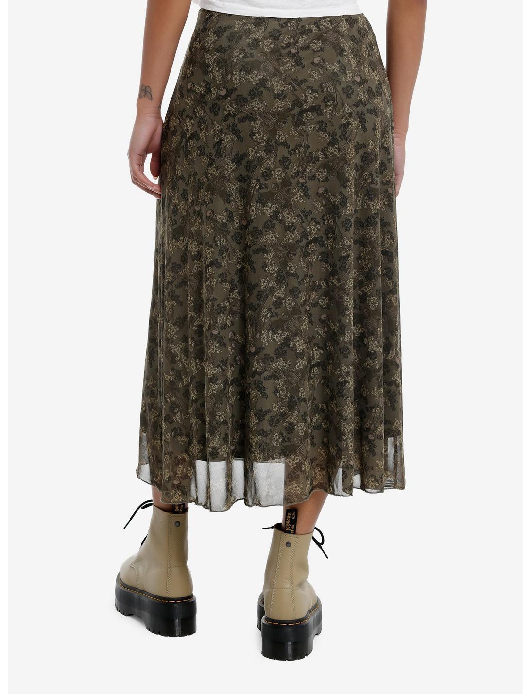 Social Collision Skeleton Flowers Green Mesh Midi Skirt Product Image