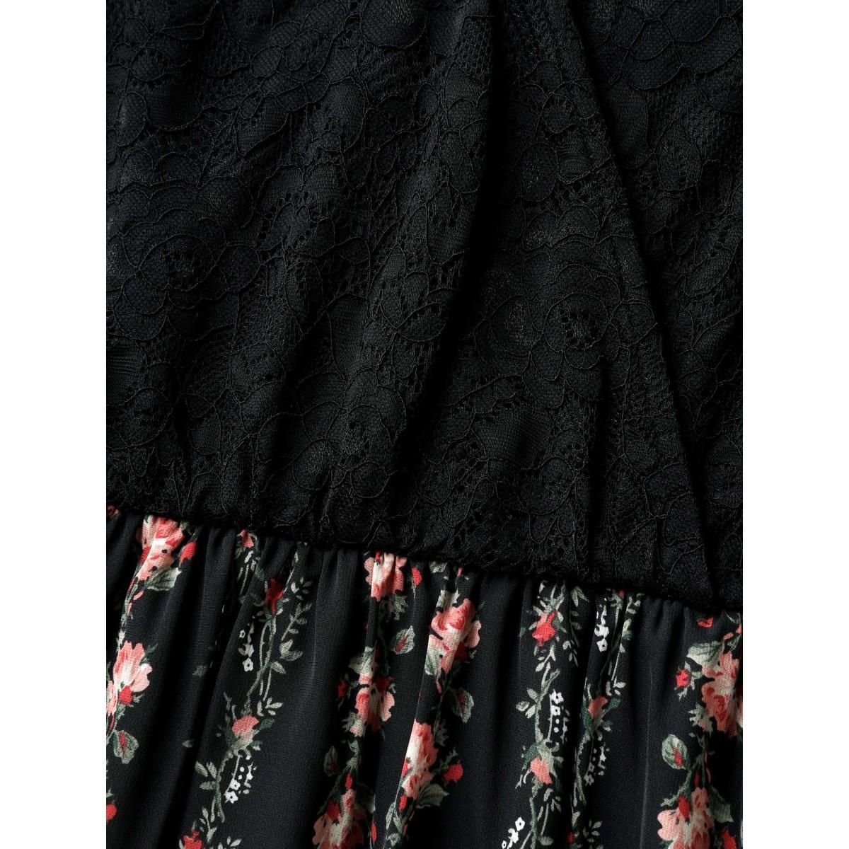 Plus Size Floral Stripes Lace Trim Maxi Dress Black Women Overlap Collar Sleeveless Curvy BloomChic 18-20/2X Product Image