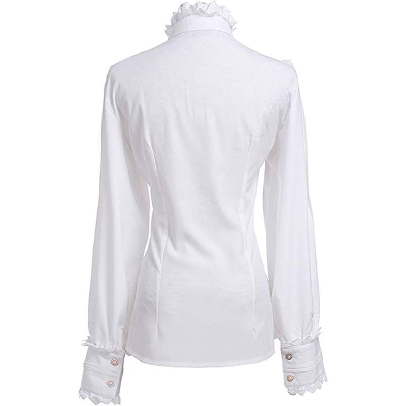 Long-Sleeve Plain Bow Lace Trim Blouse Product Image