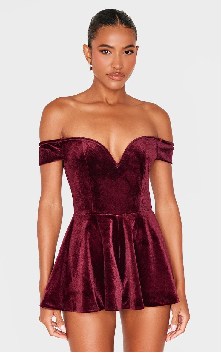 Burgundy Velvet Bardot Sweetheart Neckline Floaty Romper Product Image