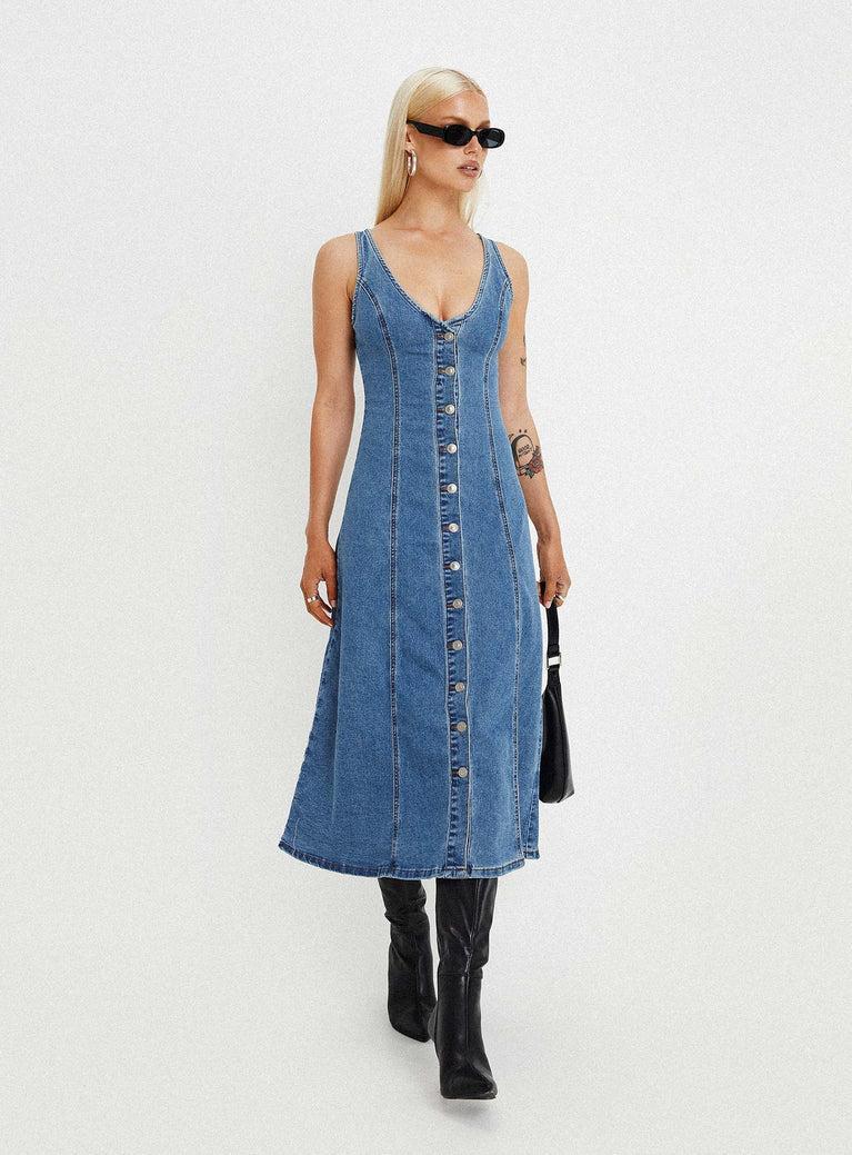 Midler Denim Midi Dress Mid Blue Product Image