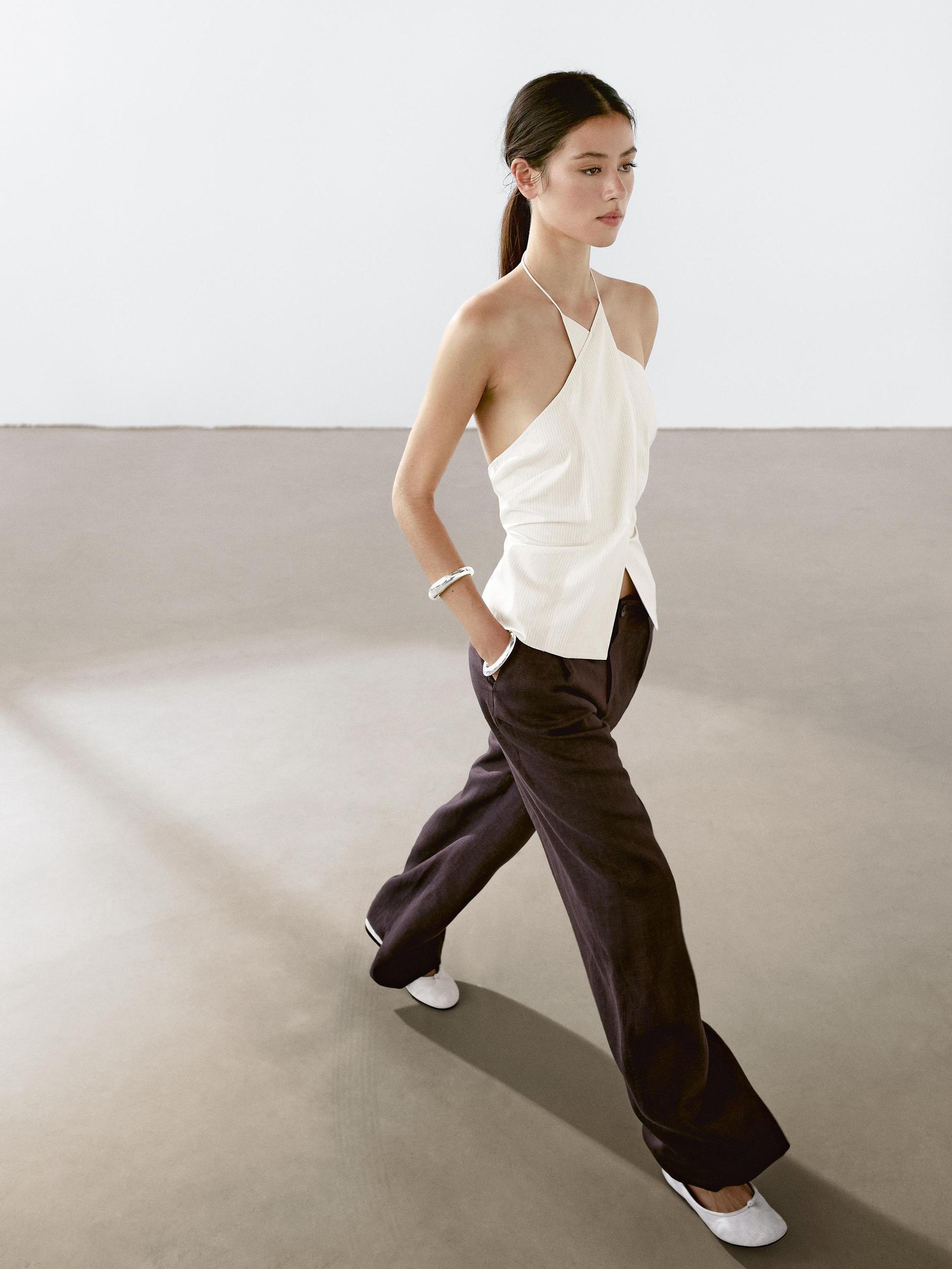 Striped cotton blend halter top Product Image