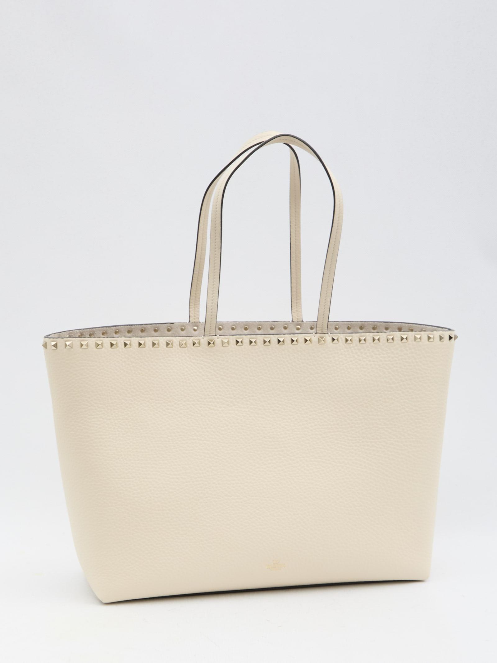 VALENTINO GARAVANI Rockstud Large Grainy Leather Shopper Tote In White Product Image