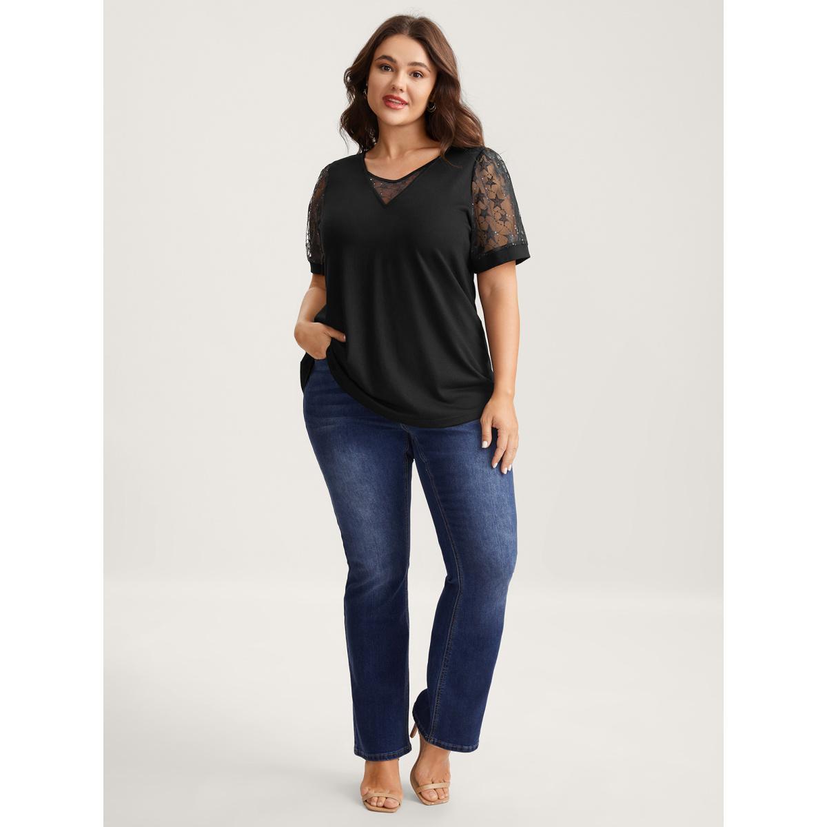 Plus Size Beaded Mesh Sheer Patchwork T-Shirt Black Women Gathered V-neck Everyday-Elegant T-shirts BloomChic 14-16/1X Product Image