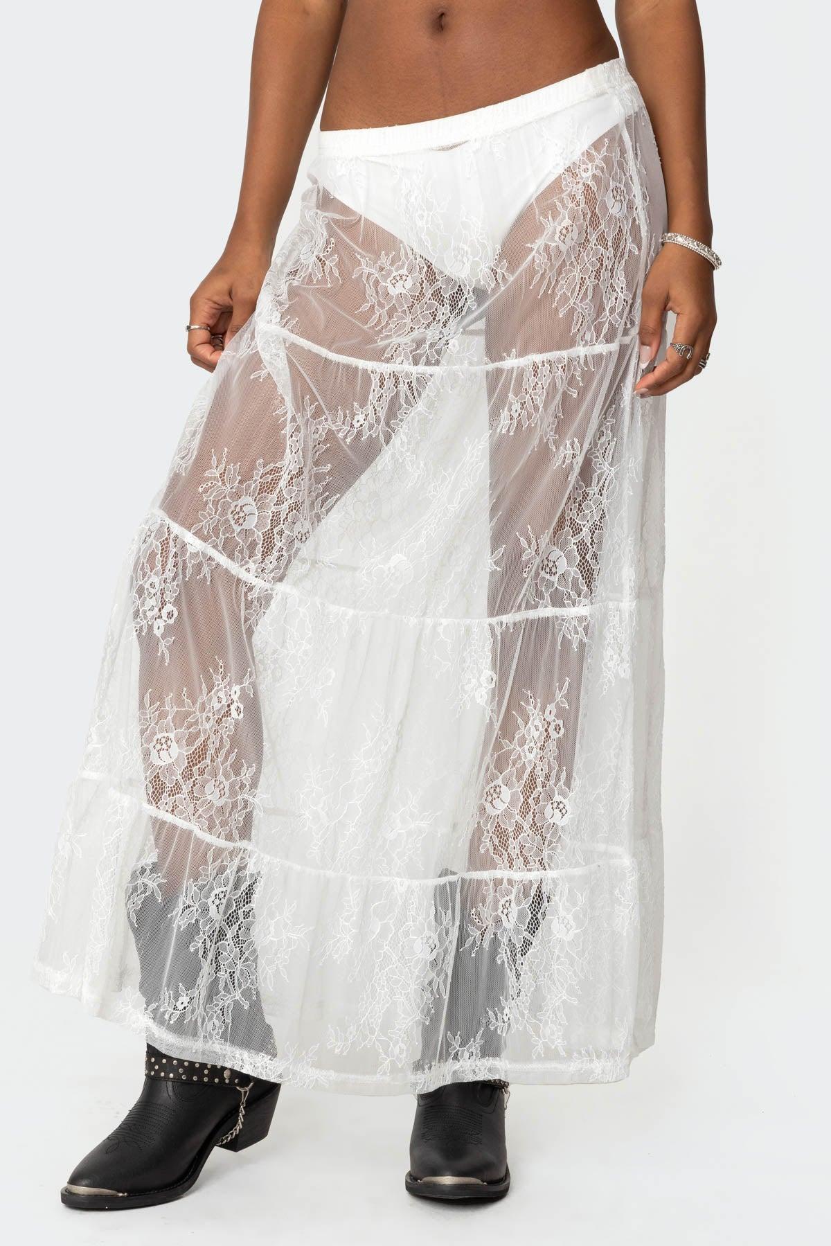 Tiered Sheer Lace Maxi Skirt Product Image