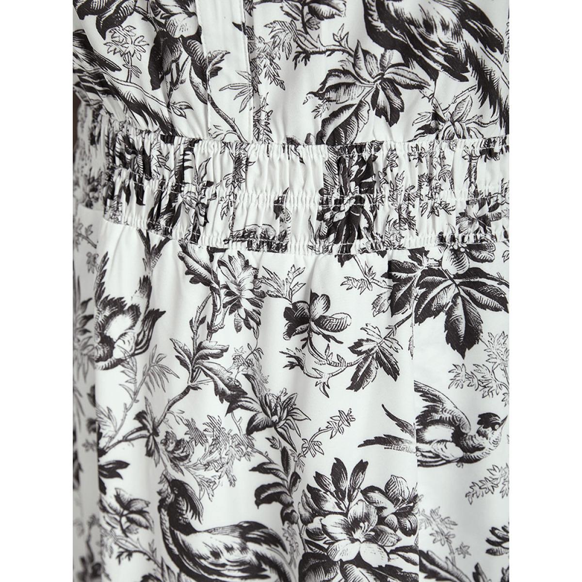 Plus Size Silhouette Floral Print Shirred Notched Pocket Ruffles Dress Black Women Elegant Shirred Notched collar Short sleeve Curvy Midi Dress BloomChic 22-24/3X Product Image