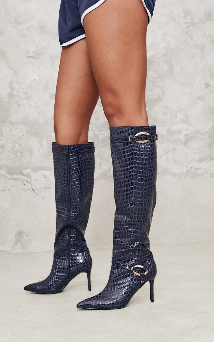 Blue Croc PU Point Toe Ring Detail Knee High Heeled Boots Product Image