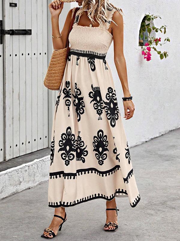 A-Line Loose Elasticity Pleated Printed Split-Joint Square-Neck Maxi Dresses Product Image