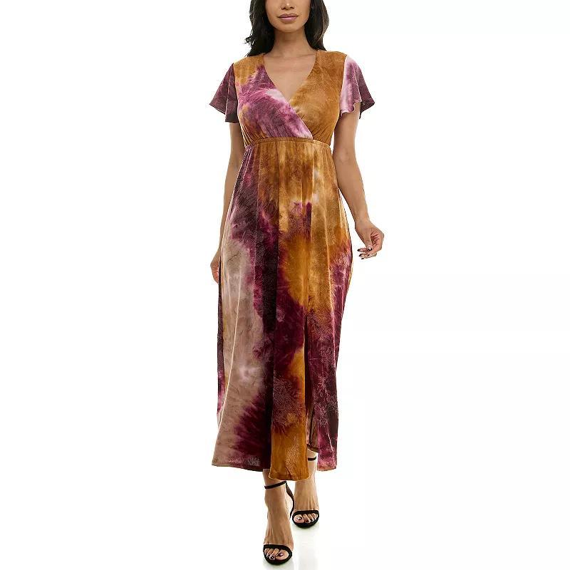 Women's Nina Leonard Tie Dye Print Flutter Sleeve V-Neck Maxi Dress, Size: Large, Blue Team Product Image