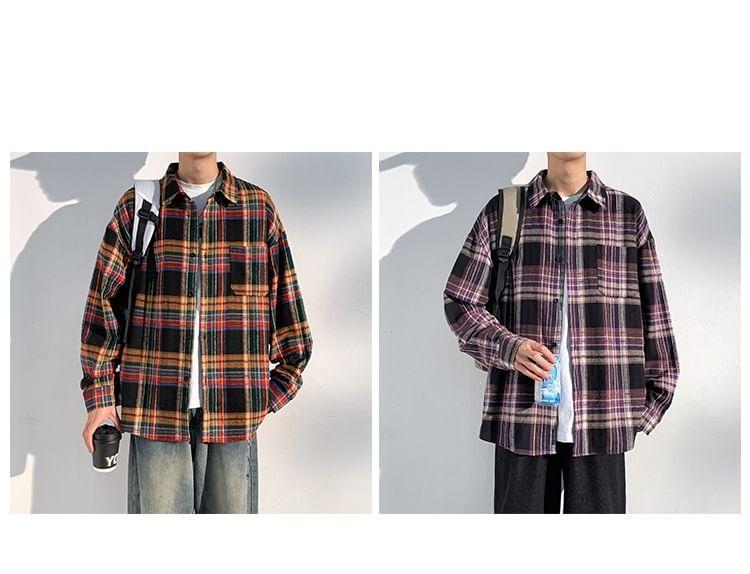 Long Sleeve Collared Plaid Shirt Product Image