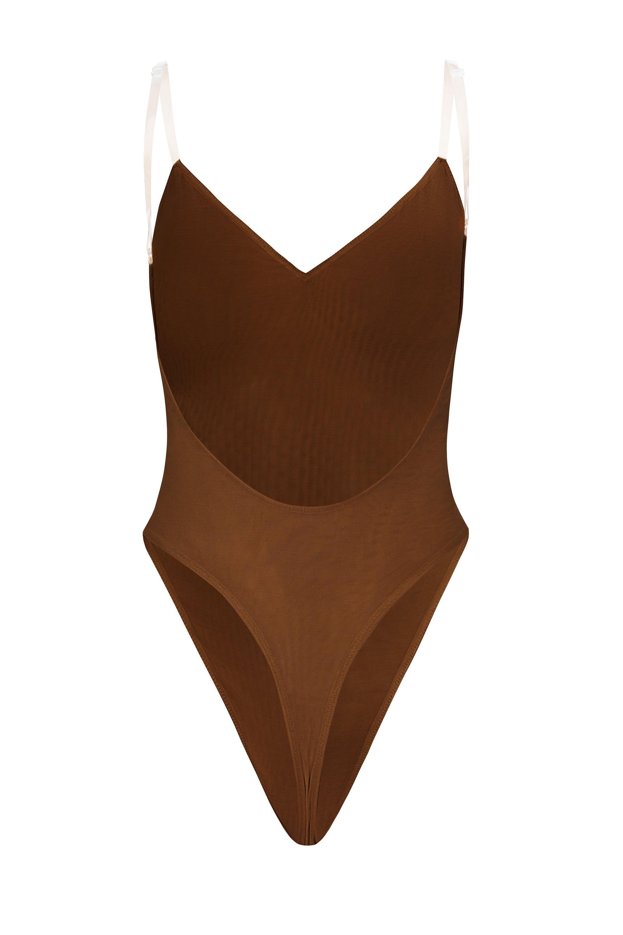 Soft Mesh V-Neck Bodysuit in Chestnut Product Image