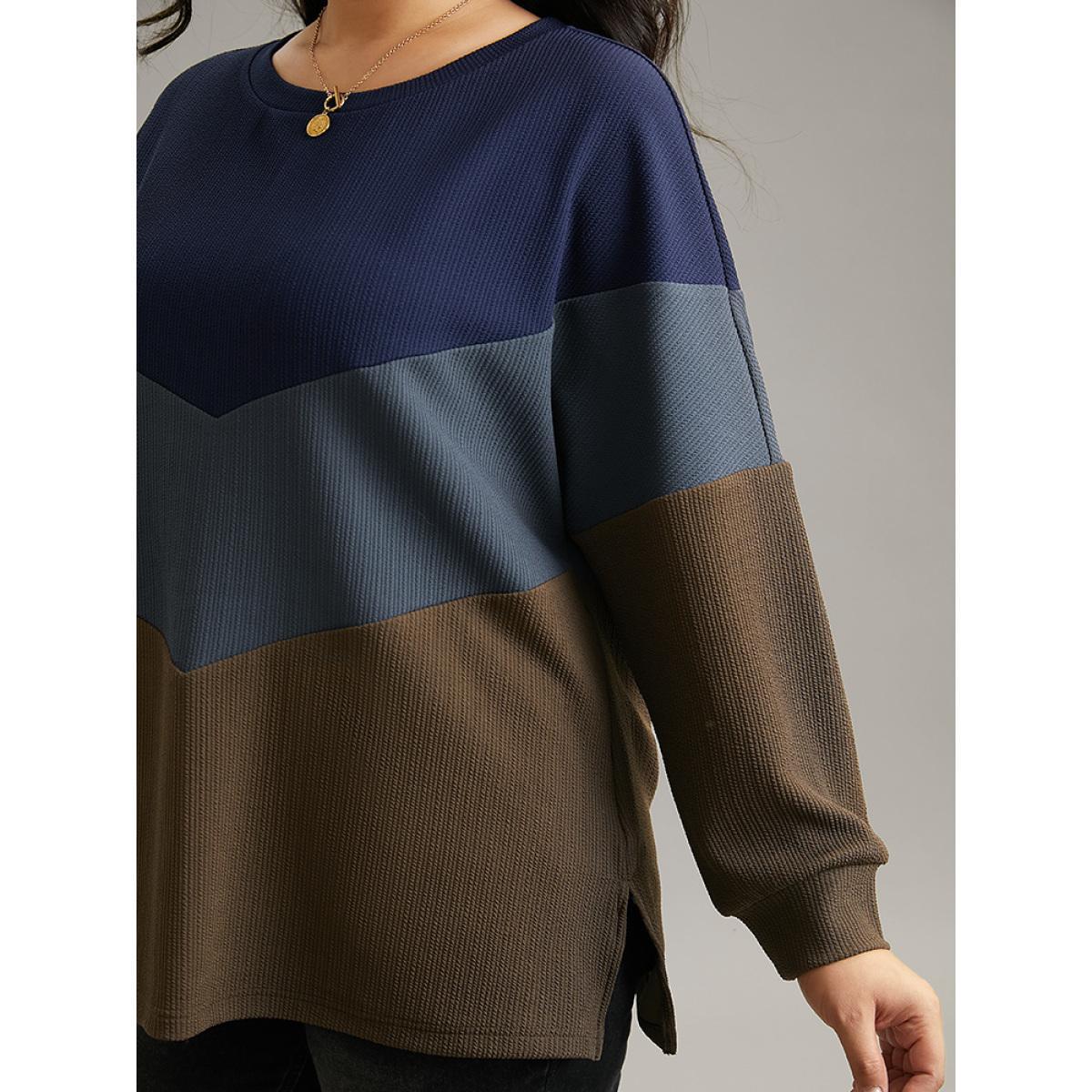 Plus Size Colorblock Rib Knit Drop Shoulder Sweatshirt Women Multicolor Casual Contrast Round Neck Dailywear Sweatshirts BloomChic 12/L Product Image