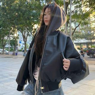 Plain Zip-Up Hoodie / Faux Leather Bomber Jacket Product Image