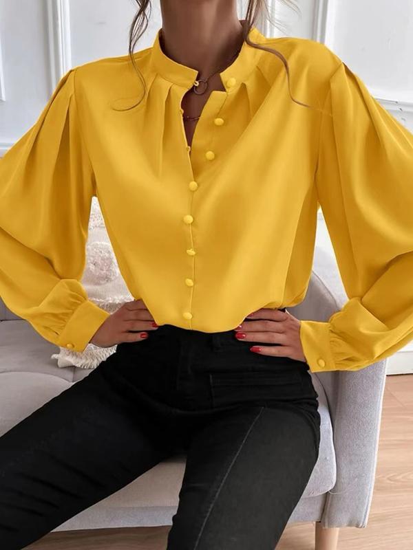 Loose Puff Sleeves Pleated Solid Color Split-Joint Stand Collar Blouses Product Image