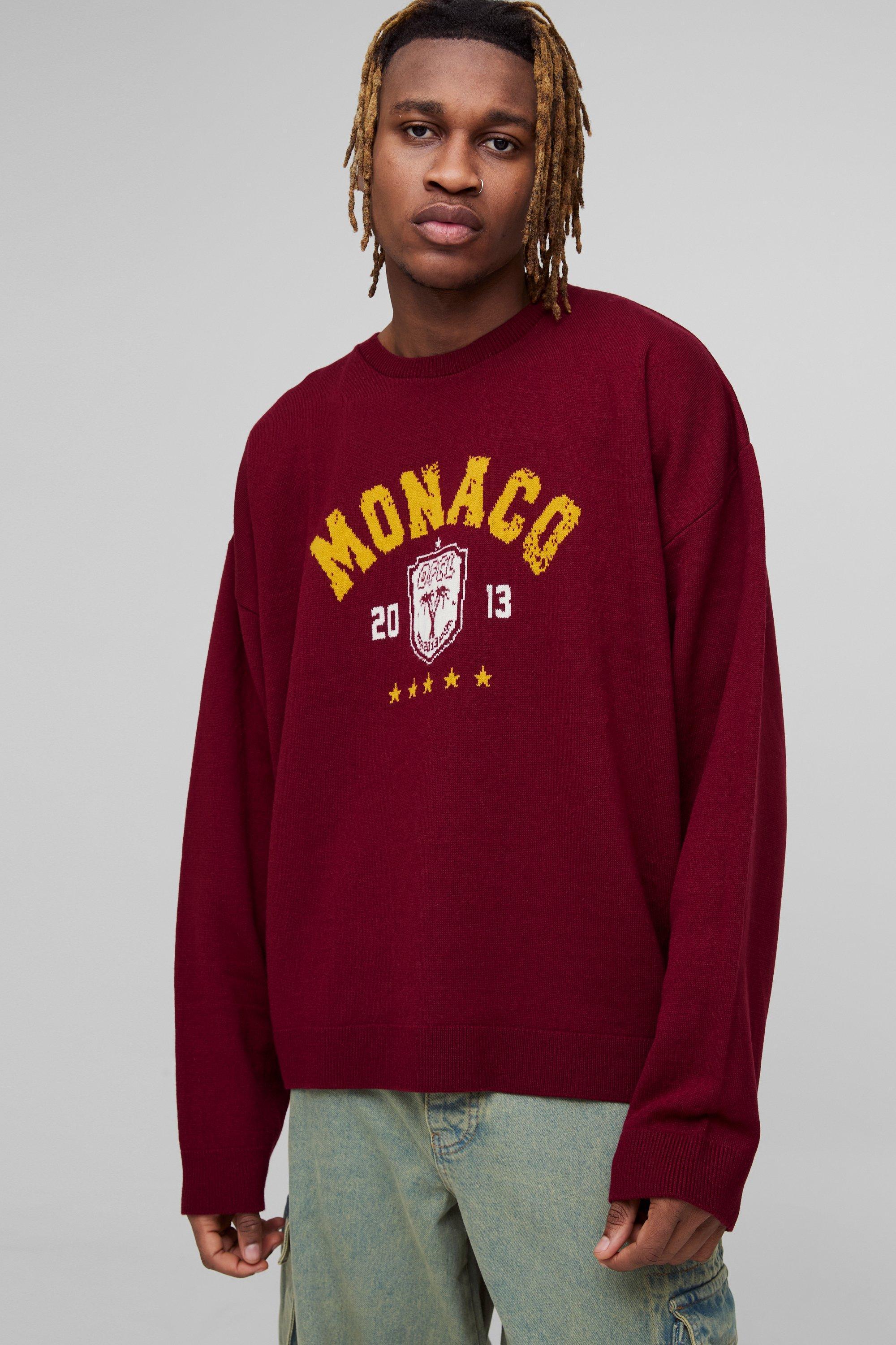 Tall Monaco Varsity Boxy Oversized Knitted Sweater | boohooMAN USA Product Image