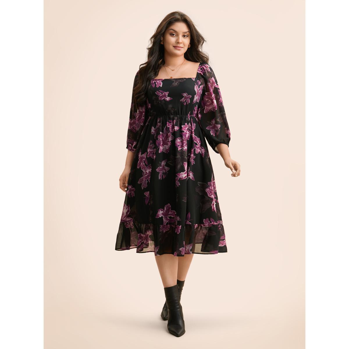 Plus Size Floral Patchwork Ruffle Hem Mesh Dress BlackFlower Women Elegant See through Square Neck Elbow-length sleeve Curvy BloomChic 22-24/3X Product Image