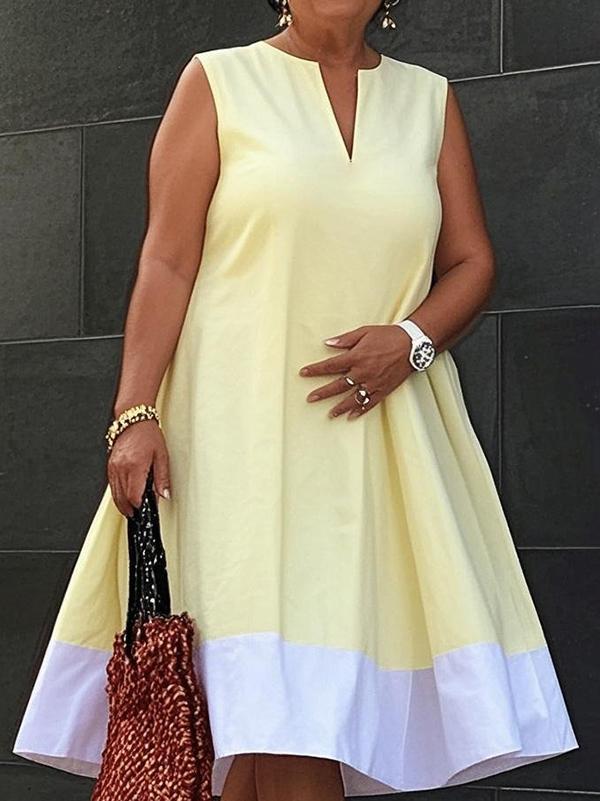 A-Line Loose Contrast Color Pockets V-Neck Midi Dresses Product Image