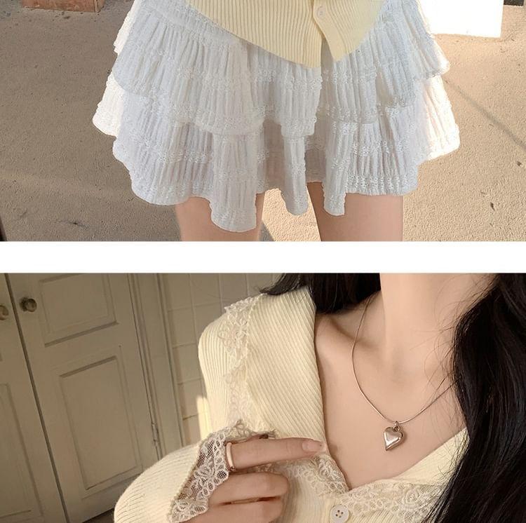 Peter Pan Collar Plain Lace Trim Button-Up Cardigan Product Image