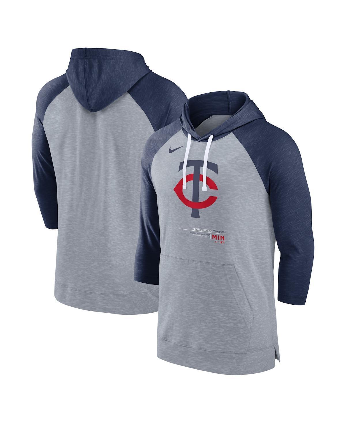 Mens Nike Heather Gray/Heather Navy Minnesota Twins Baseball Raglan 3/4-Sleeve Pullover Hoodie Product Image